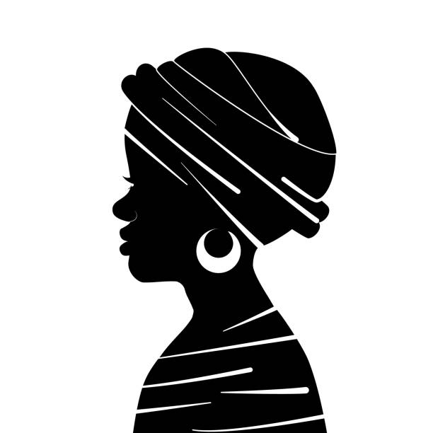 ilustrações, clipart, desenhos animados e ícones de silhueta negra de uma jovem afro-americana. retrato de perfil de uma mulher africana em um cocar tradicional. ilustração vetorial de um contorno da cabeça. desenho isolado em fundo branco - afro women african descent silhouette