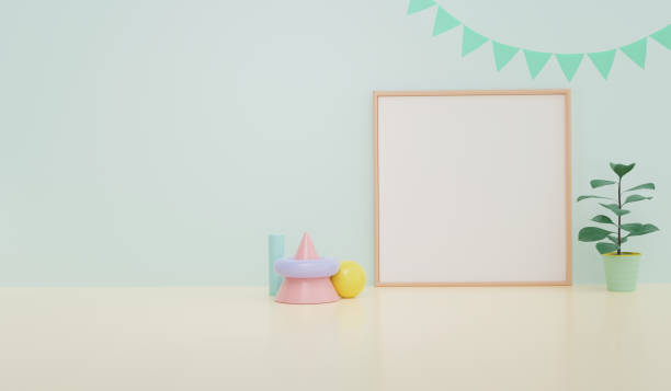 istock Home interior photo frame mock-up on the white wall background.  Baby room interior. 3D rendering. Minimal style 1288968540