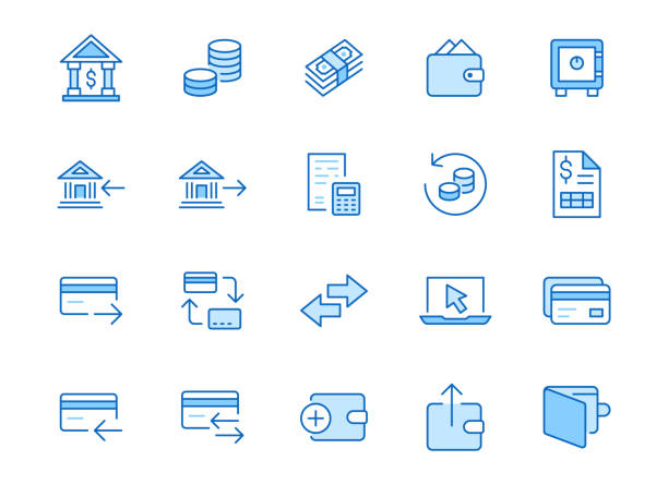 금융 라인 아이콘 세트입니다. 송금, 은행 계좌, 신용 카드 결제 현금 다시 최소한의 벡터 일러스트레이션. 온라인 뱅킹 응용 프로그램에 대한 간단한 개요 기호. 파란색, 편집 가능한 스트로크 - 이체 stock illustrations