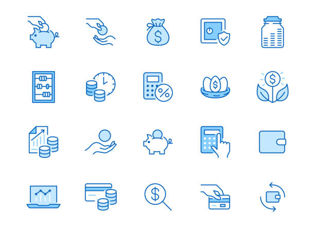 Money income line icon set. Pension fund, profit growth, piggy bank, finance capital minimal vector illustration. Simple outline signs for investment application. Blue color, Editable Stroke Money income line icon set. Pension fund, profit growth, piggy bank, finance capital minimal vector illustration. Simple outline signs for investment application. Blue color, Editable Stroke. retirement plan document stock illustrations