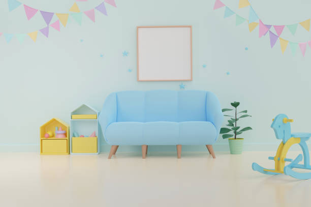 istock Home interior photo frame mock-up on the white wall background.  Baby room interior. 3D rendering. Minimal style 1288968574
