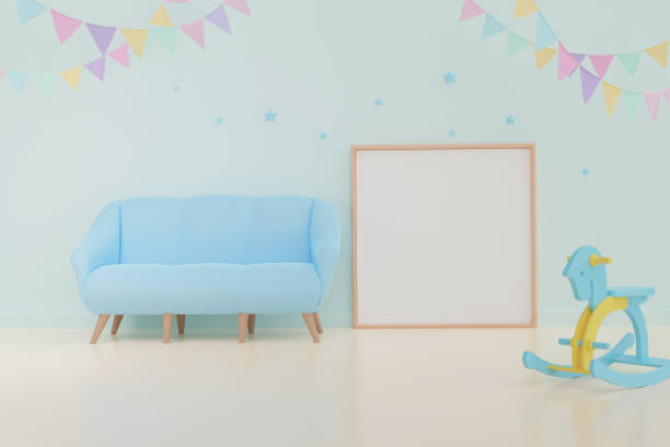 istock Home interior photo frame mockup on the white wall background.  Baby room interior. 3D rendering. Minimal style 1288968586