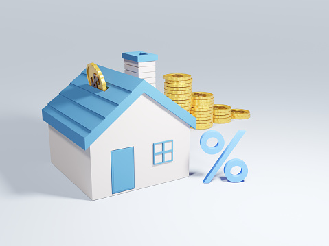 Real estate or property investment. 3D of coin stack with house. Home loan, Reverse mortgage or transforming assets into cash concept. House Loan, Rent and Mortgage Concept.