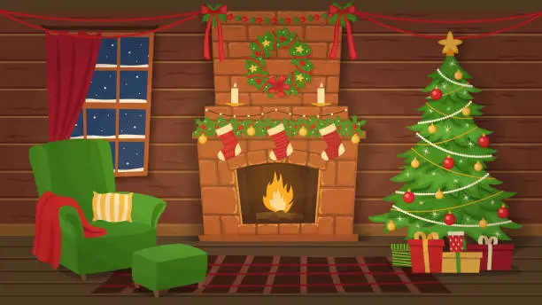 Vector illustration of Christmas interior. Armchair and christmas tree near the fireplace.