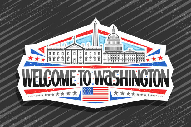 Vector label for Washington Vector label for Washington, decorative sign with line illustration of famous washington city scape on day sky background, tourist fridge magnet with unique lettering for words welcome to washington. american flag house stock illustrations