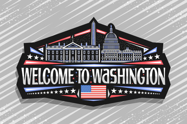 Vector sign for Washington Vector sign for Washington, black decorative label with illustration of famous washington city scape on dusk sky background, art design fridge magnet with unique letters for word welcome to washington american flag house stock illustrations