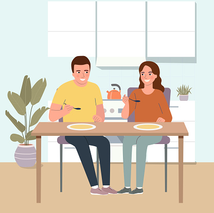 Young man and Smiling woman having dinner in kitchen. Vector flat style illustration