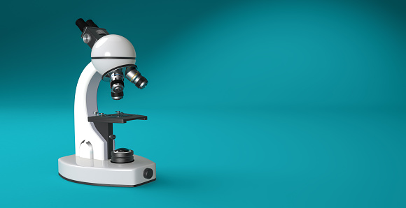 White microscope isolated on blue backdrop with space for text and images.3d illustration about science research.