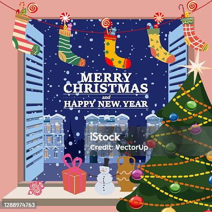 istock Merry Christmas Window view on winter old town, village night, socks with gifts, christmas tree, New Year retro toys decorations. Vector illustration cartoon flat style 1288974763