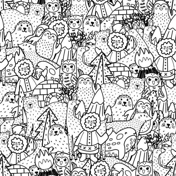 Arctic animals black and white seamless patterns. Funny coloring page for adults and kids with polar animals Arctic animals black and white seamless patterns. Funny coloring page for adults and kids with polar animals penguin, seal, owl, fox, deer, bear, orca, Inuit. Outline background. Vector illustration frozen coloring pages stock illustrations