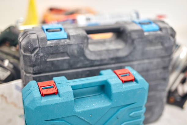 A close up image of a shiny metal latch on an industrial toolbox.