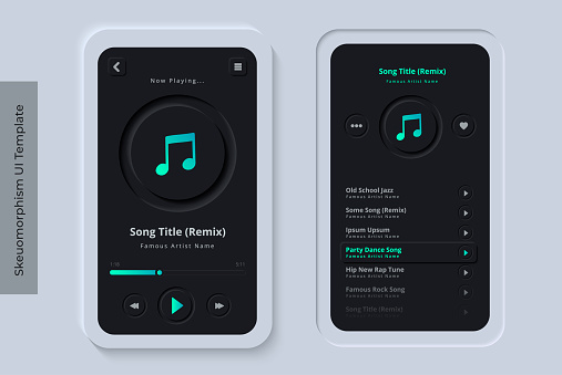 Clean and Modern Skeuomorphism UI or Neumorphism Mobile Music Streaming App with 3D Indent Button Icons on Modern Bezel Background User Interface Template - Dark Night Version