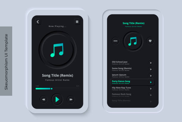 Clean and Modern Skeuomorphism UI or Neumorphism Mobile Music Streaming App with 3D Indent Button Icons on Modern Bezel Background User Interface Template - Dark Night Version vector art illustration