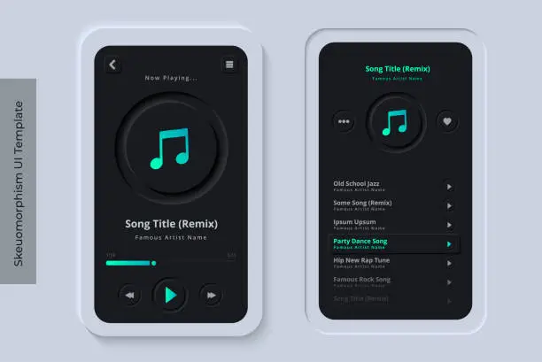 Vector illustration of Clean and Modern Skeuomorphism UI or Neumorphism Mobile Music Streaming App with 3D Indent Button Icons on Modern Bezel Background User Interface Template - Dark Night Version