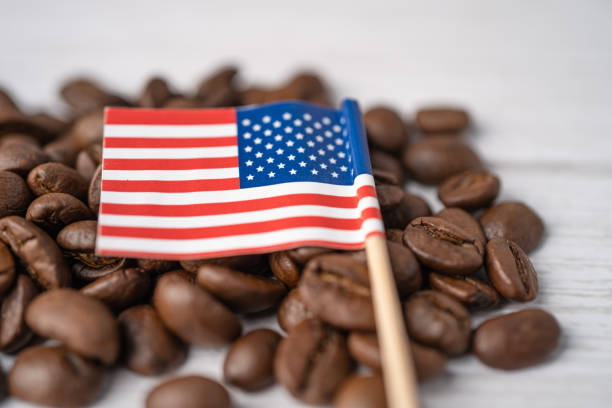 usa america flag on coffee beans; import export drink food concept. - photography starbucks flag sign imagens e fotografias de stock