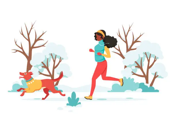 Vector illustration of Black woman jogging with dog in winter. Outdoor activity. Vector illustration.