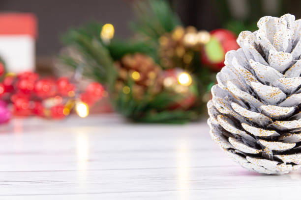 Close-up of a white cone in christmas concept, christmas card sample stock photo