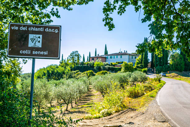 segnale stradale delle strade del chianti, colline senesi-toscana,italia - landscaped sign farm landscape foto e immagini stock