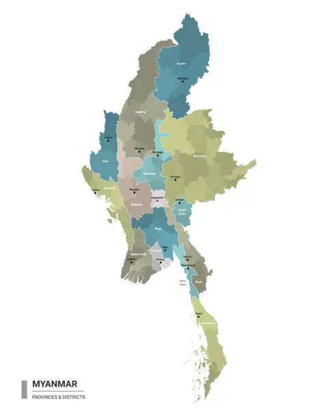 Vector illustration of Myanmar higt detailed map with subdivisions. Administrative map of Myanmar with districts and cities name, colored by states and administrative districts. Vector illustration.