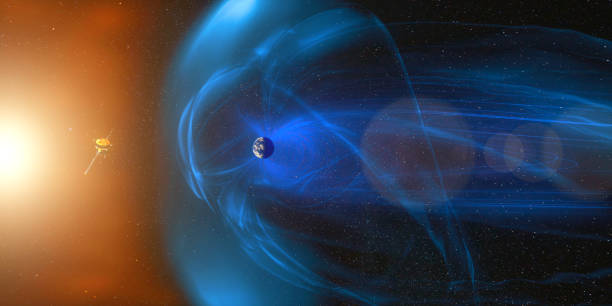 líneas magnéticas de fuerza que rodean la tierra conocida como magnetosfera contra el viento solar. el campo magnético de la tierra, el flujo de partículas. elemento de esta imagen proporcionada por la nasa - magnetosphere fotografías e imágenes de stock