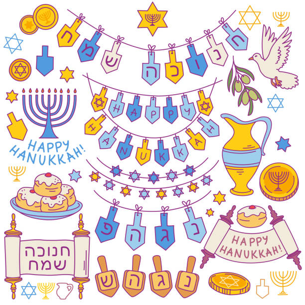 ilustrações de stock, clip art, desenhos animados e ícones de hanukkah doodle set. holiday party decorations. - gelt
