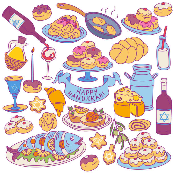 Hanukkah holiday food doodle set. Traditional symbolic festive table - sufganiyot, gefilte fish, latkes, challah bread. Colorful vector illustration isolated on white background. chocolate gelt stock illustrations