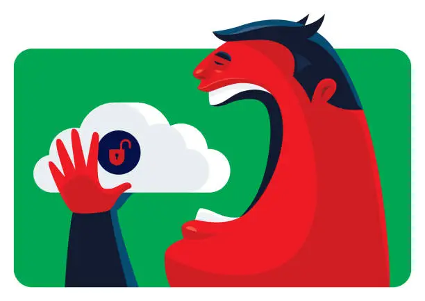 Vector illustration of evil man eating unlocked cloud