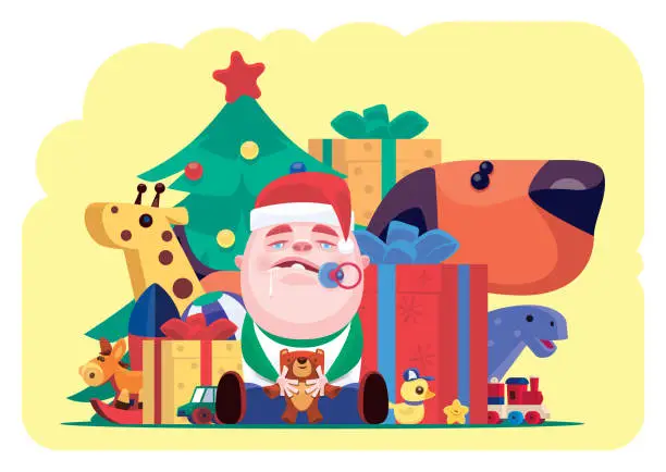 Vector illustration of baby sitting with gift and toys at Christmas