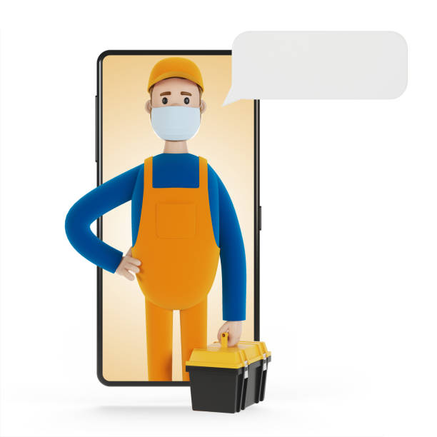 istock Smartphone screen with wizard. Husband for an hour. Electrician, plumber, carpenter, calling the foreman to work. 3D illustration in cartoon style. 1288991238