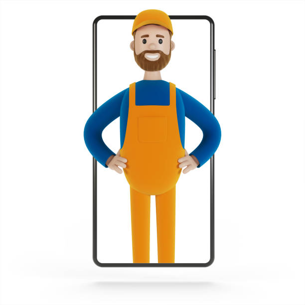 istock Smartphone screen with wizard. Husband for an hour. Electrician, plumber, carpenter, calling the foreman to work. 3D illustration in cartoon style. 1288991253