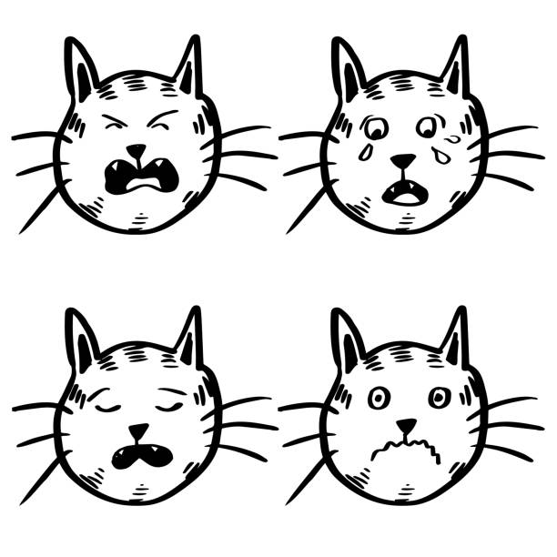 симпатичные кошки голову лицо множество. забавные мультипликационные персонажи. - sadness domestic cat kitten humor stock illustrations