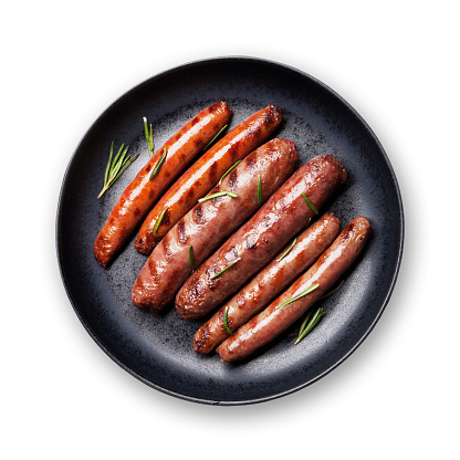 Grilled sausages with rosemary herbs. Isolated on white background. Top view flat lay