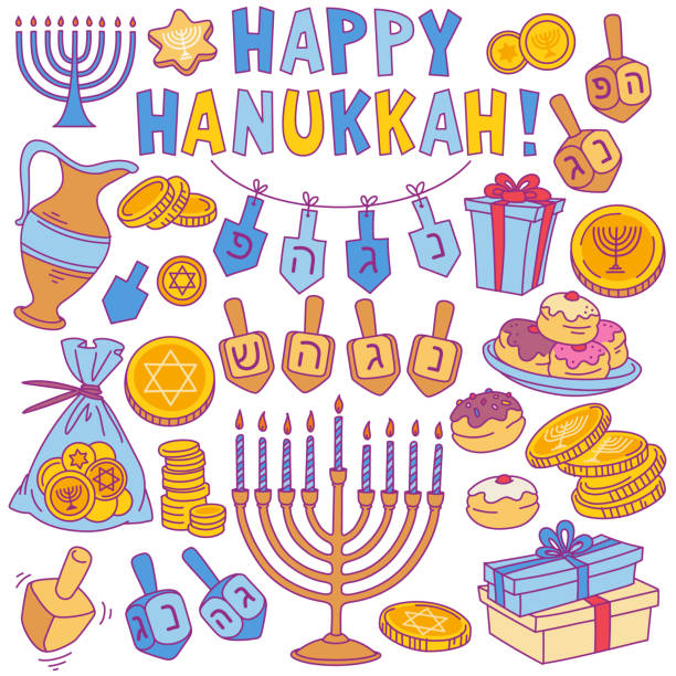 ilustrações de stock, clip art, desenhos animados e ícones de hanukkah holiday traditional symbols - menorah, torah, dreidel. - gelt