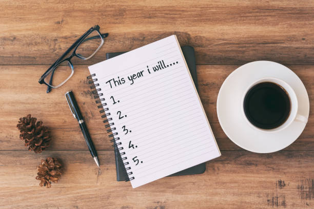 istock New Year Resolutions List on Notepad on Top of Wood Desk 1288993769