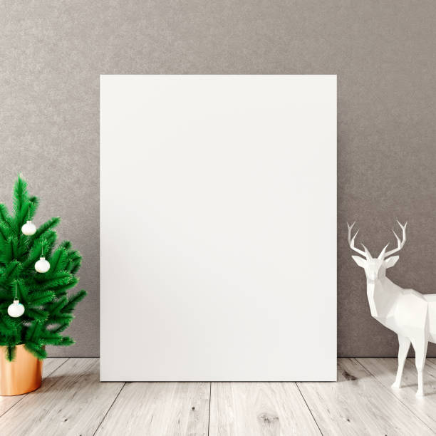 istock Christmas mock up interior with big white empty picture frame, fir tree and decoration 1288995937