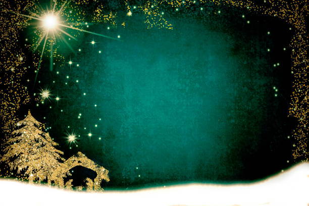 Christmas Nativity Scene greetings cards, abstract freehand drawing of Nativity Scene and Bethlehem Star and tree with golden glitter, snowy landscape, grunge dark  background with copy space. Christmas Nativity Scene greetings cards, abstract freehand drawing of Nativity Scene and Bethlehem Star and tree with golden glitter, snowy landscape, grunge dark  background with copy space. religious christmas greetings stock pictures, royalty-free photos & images