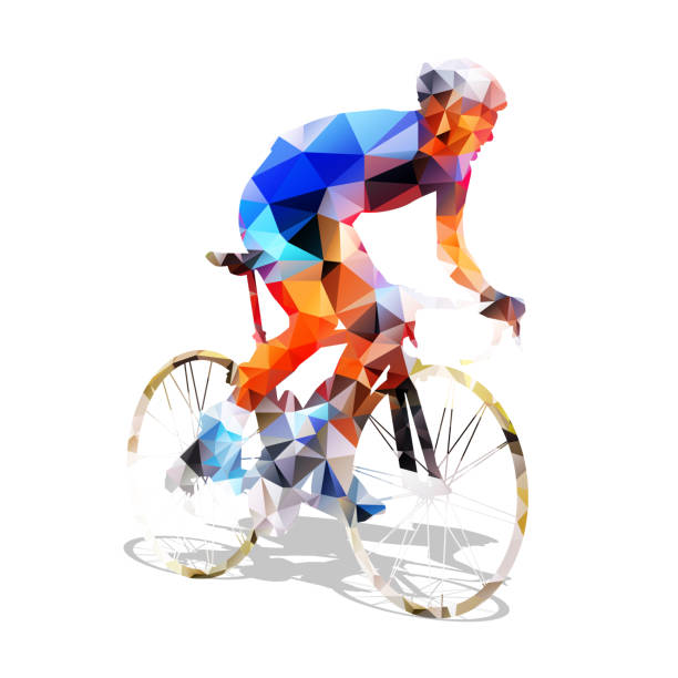 illustrazioni stock, clip art, cartoni animati e icone di tendenza di ciclismo. ciclista su strada vettoriale geometrico astratto sulla sua bici. ciclista poligonale astratto - ciclista pro