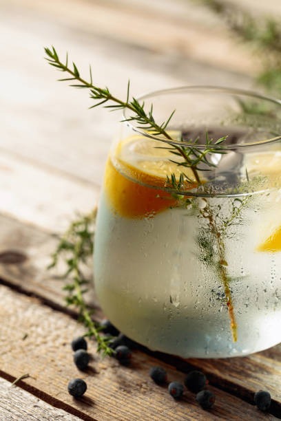 istock Alcohol drink (gin tonic cocktail) with lemon, juniper branch, and ice on rustic wooden table. 1289000490