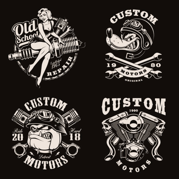 ein satz von schwarz und weiß vintage biker embleme - pin up stock-grafiken, -clipart, -cartoons und -symbole