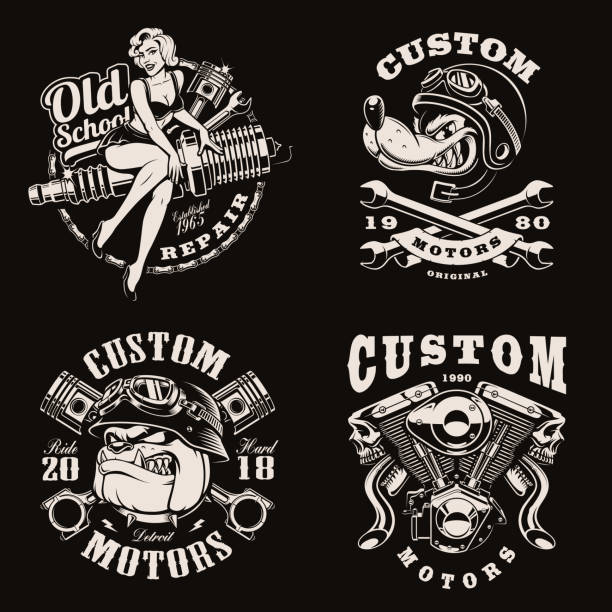 A set of black and white vintage biker emblems A set of black and white vintage biker emblems on dark background pin up girl stock illustrations