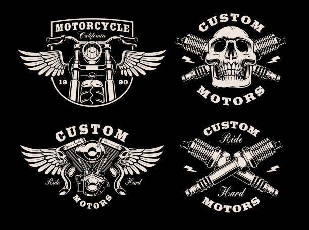 A set of black and white motorcycle emblems A set of black and white motorcycle emblems on dark background biker stock illustrations