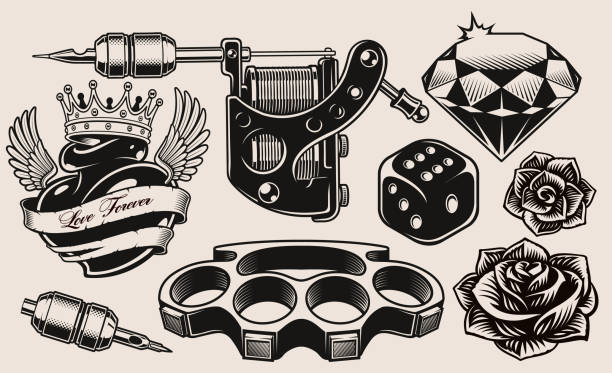 ilustraciones, imágenes clip art, dibujos animados e iconos de stock de un conjunto de ilustraciones en blanco y negro para el tema del tatuaje - tattoo machine