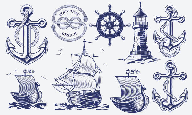 ilustrações de stock, clip art, desenhos animados e ícones de a set of black and white vintage nautical illustrations - sailing