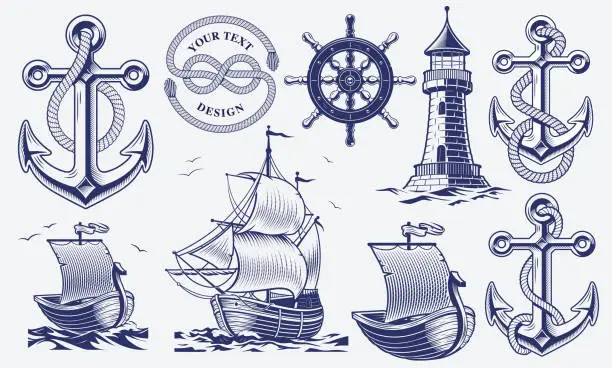 Vector illustration of A set of black and white vintage nautical illustrations