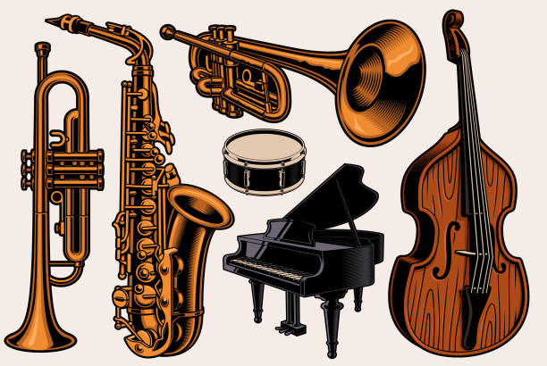 zestaw kolorowych ilustracji wektorowych różnych instrumentów muzycznych - recording studio trumpet musical instrument jazz stock illustrations