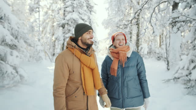 Joyous Couple Walking through Winter Forest and Chatting