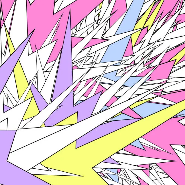 Vector illustration of Vector abstract aggressive background made of intersecting rays of white, yellow, pink colors, black contour lines