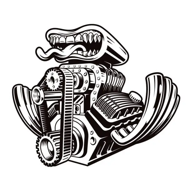 Vector illustration of A black and white cartoon hot rod engine