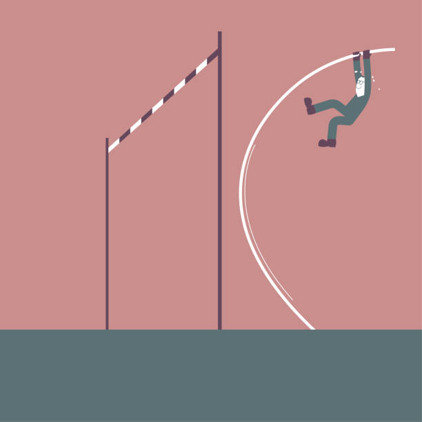 istock Pole vault man. The background is brown and the ground is blue-gray. 1289004814