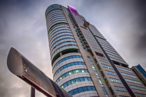 Modern architecture with safety installation to deflect high winds